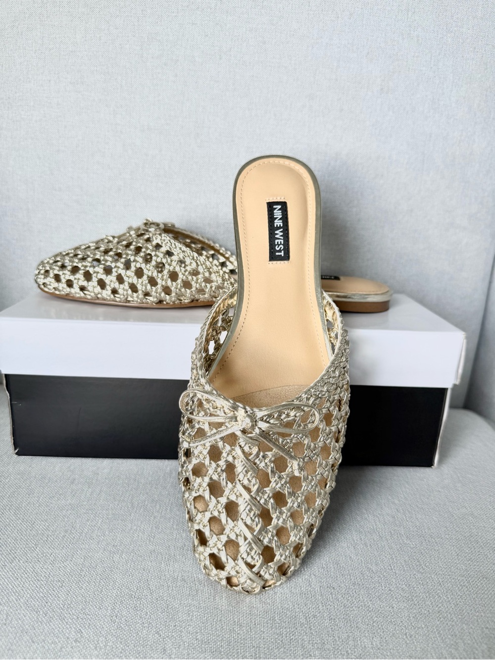 Gold Woven Bow Slide Mules